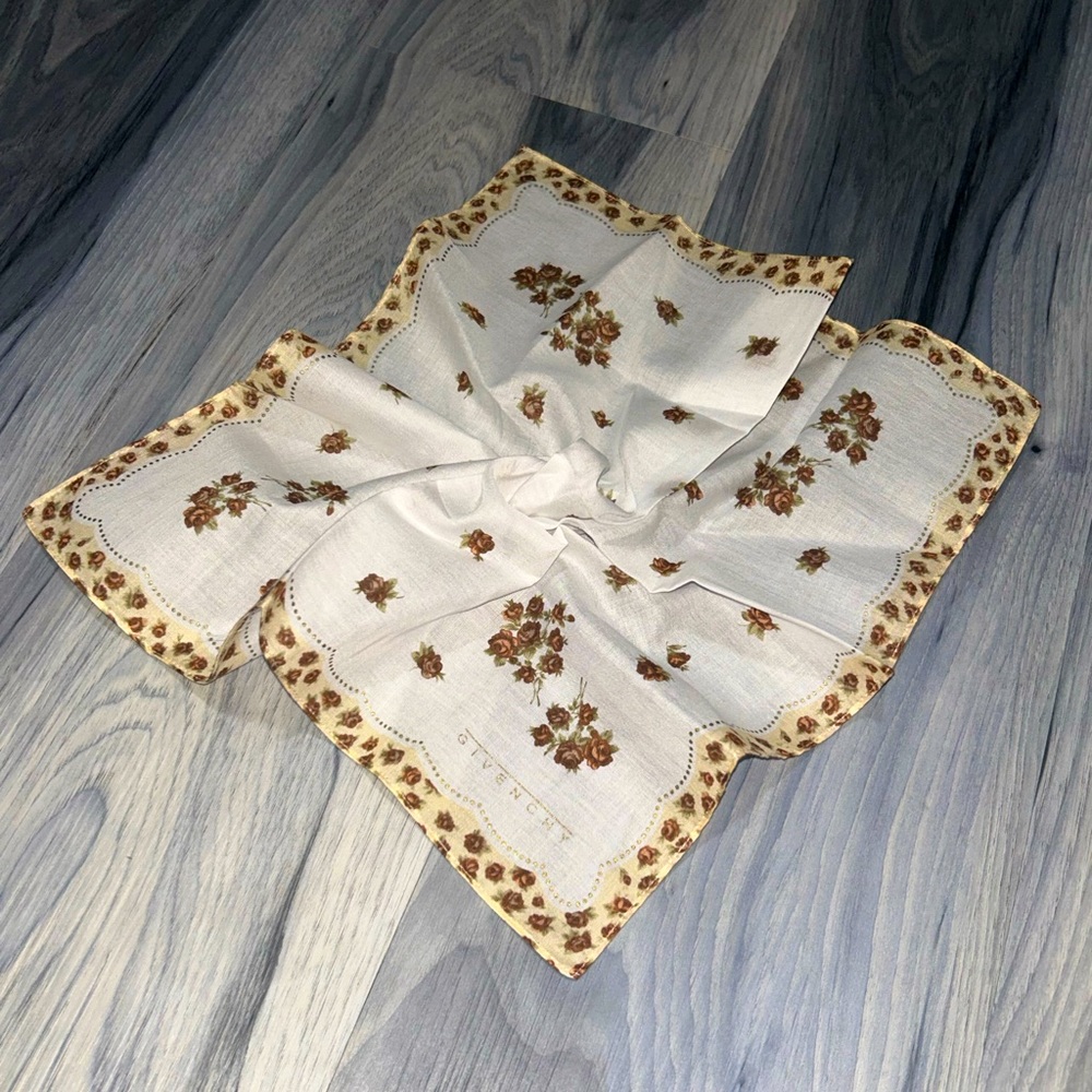 Vintage Givenchy Brown Blush Rose Pattern Cotton Handkerchief